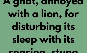 A gnat, annoyed with a lion, for disturbing its sleep with its roaring, stung the beast on its snout. The lion tried to crush it with its paws but without success. The insect dodged the great cat's claws and stung it again on its face.