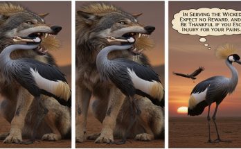 A gray wolf lies on its back, gasping for air with a sharp bone stuck in its throat. Just as all hope seems lost, an elegant crane swoops down and bravely pulls the bone free, saving the wolf’s life. This silent, cinematic wildlife moment shows the beauty of unexpected alliances in nature.